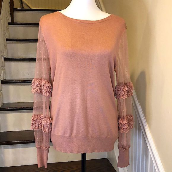 EXPRESS Dusty Rose Long Knit Sweater w Alternating Shear & Ruffle Sleeve Panels - Picture 9 of 9